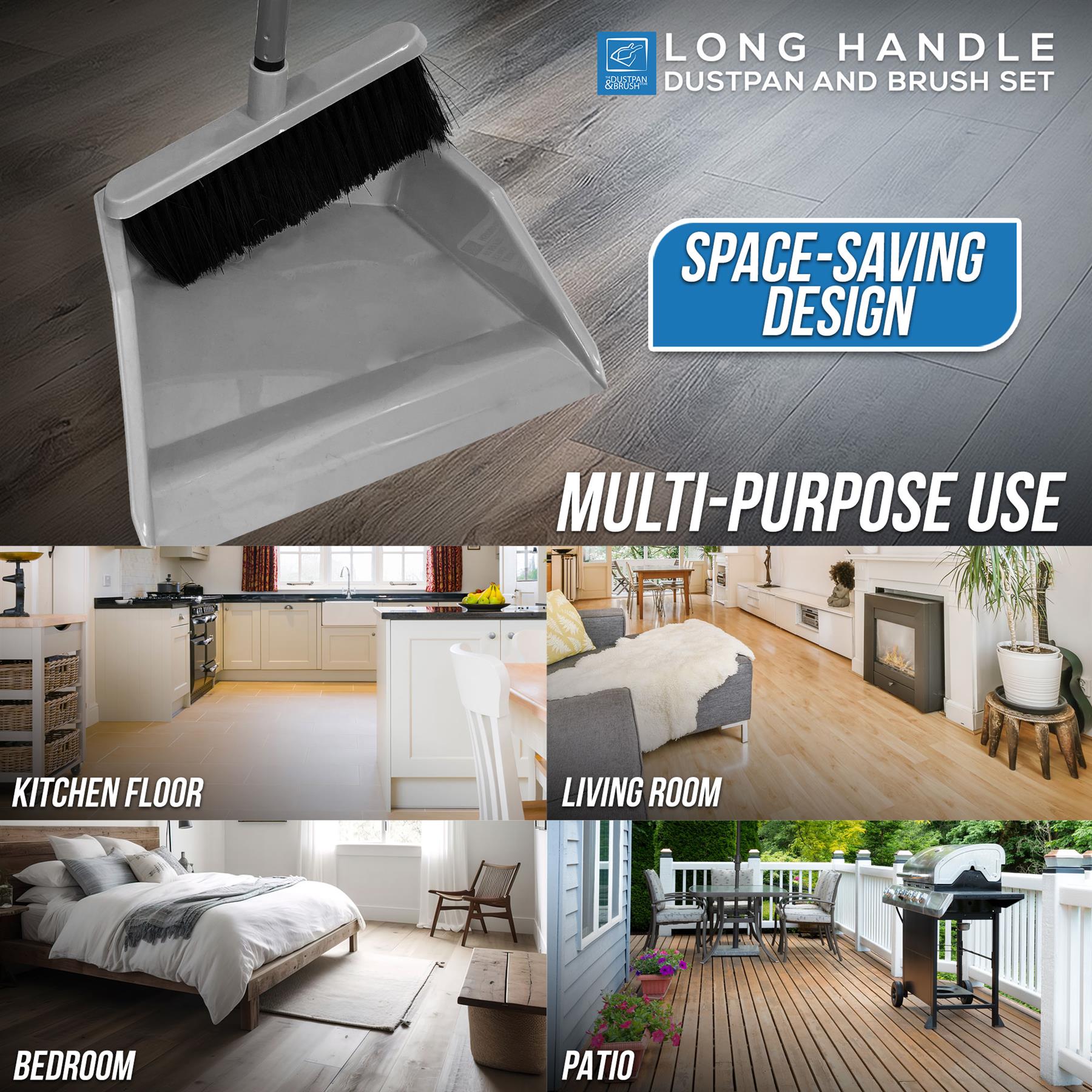 Long Handled Dustpan and Brush Set | Grey Upright Dustpan