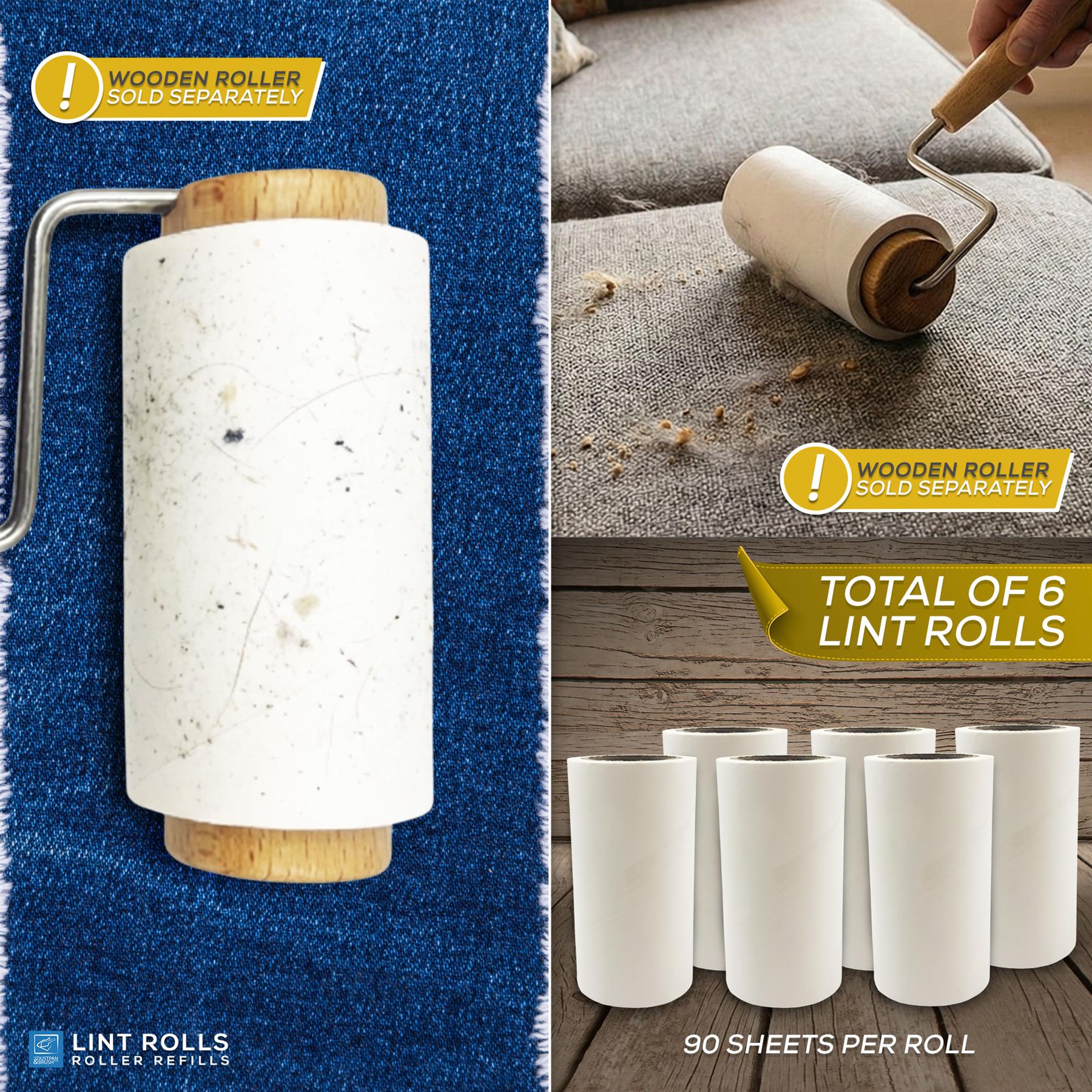 A collage showing lint removal roller rolls in use and packaged. The left panel shows a white lint roll with wooden ends on a blue textured surface, with text noting the wooden roller is sold separately.