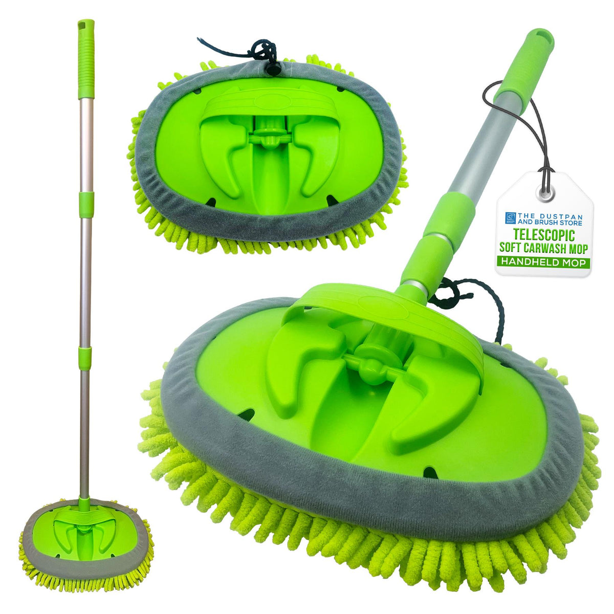 Green and gray handheld mop with telescopic handle on a white background