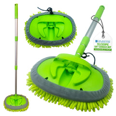 Green and gray handheld mop with telescopic handle on a white background