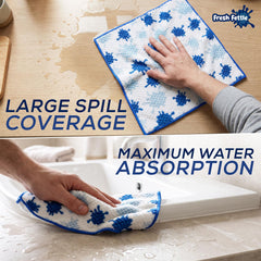 Promo image of Fresh Fettle microfibre cloths covering large spills and maximum water absorption 