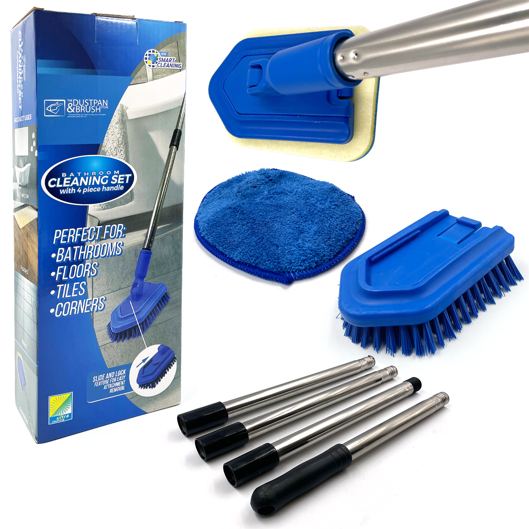 Cleaning set with blue scrubber, brush, and packaging on a white background