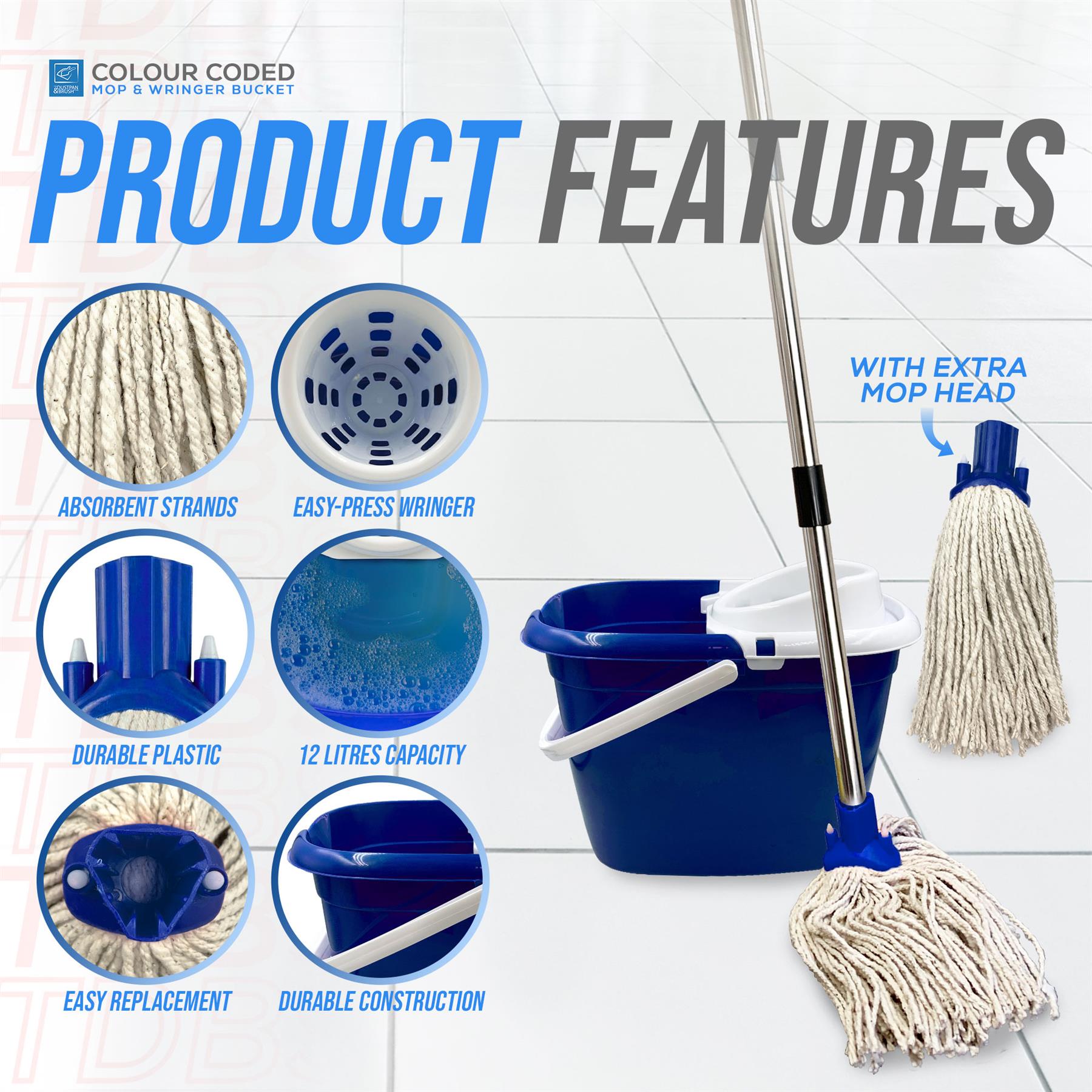 A blue and white spin-mop bucket set shown with a mop head, text reading 'PRODUCT FEATURES,' and circular callouts highlighting absorbent strands, easy-press wringer, durable plastic, 12 litres capacity, and easy replacement.