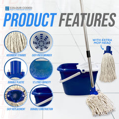 A blue and white spin-mop bucket set shown with a mop head, text reading 'PRODUCT FEATURES,' and circular callouts highlighting absorbent strands, easy-press wringer, durable plastic, 12 litres capacity, and easy replacement.