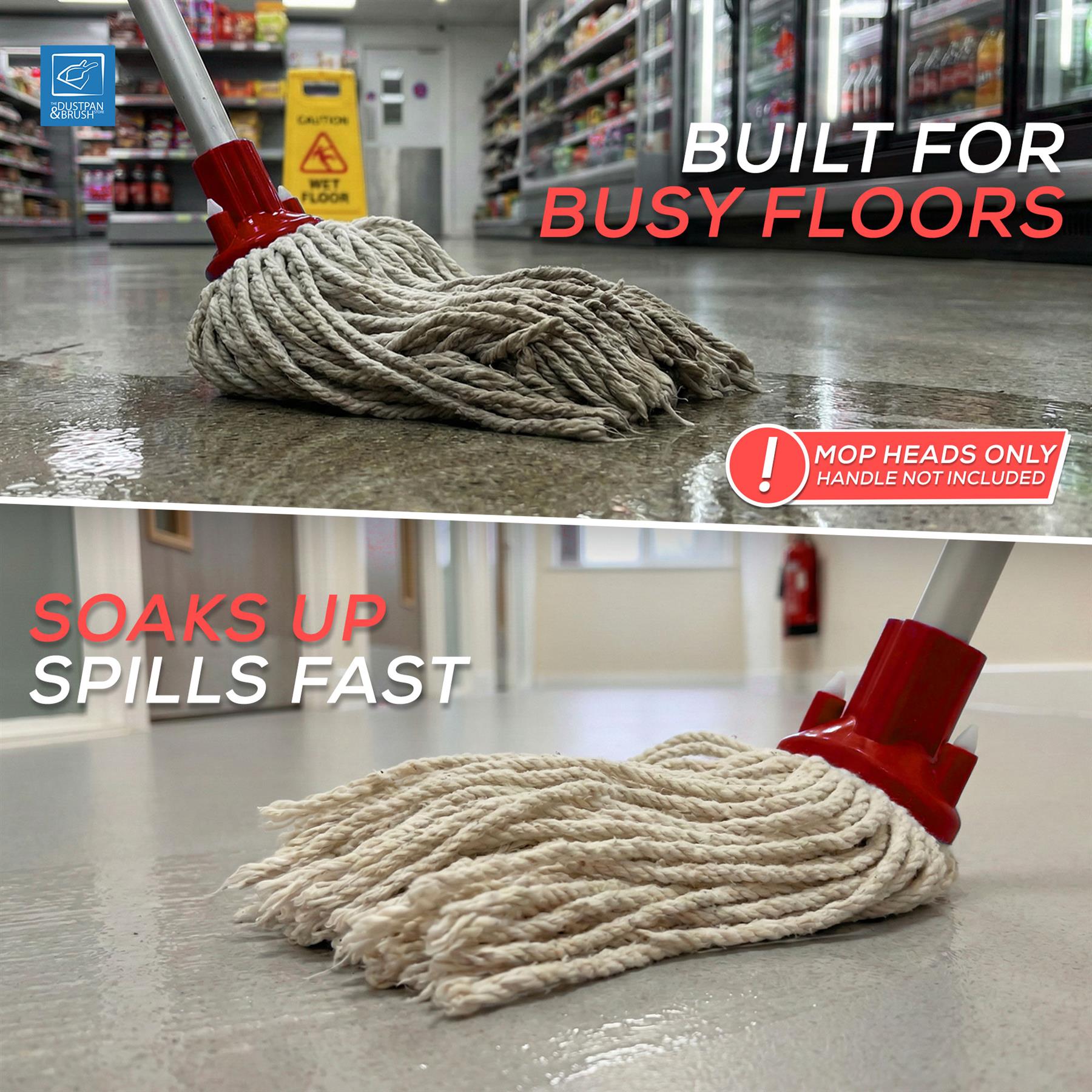 A two-panel promotional image showing a corduroy floor mop on a wet gray floor in a store setting. The top panel shows the mop head and part of the handle with text reading 'BUILT FOR BUSY FLOORS' and a warning label.