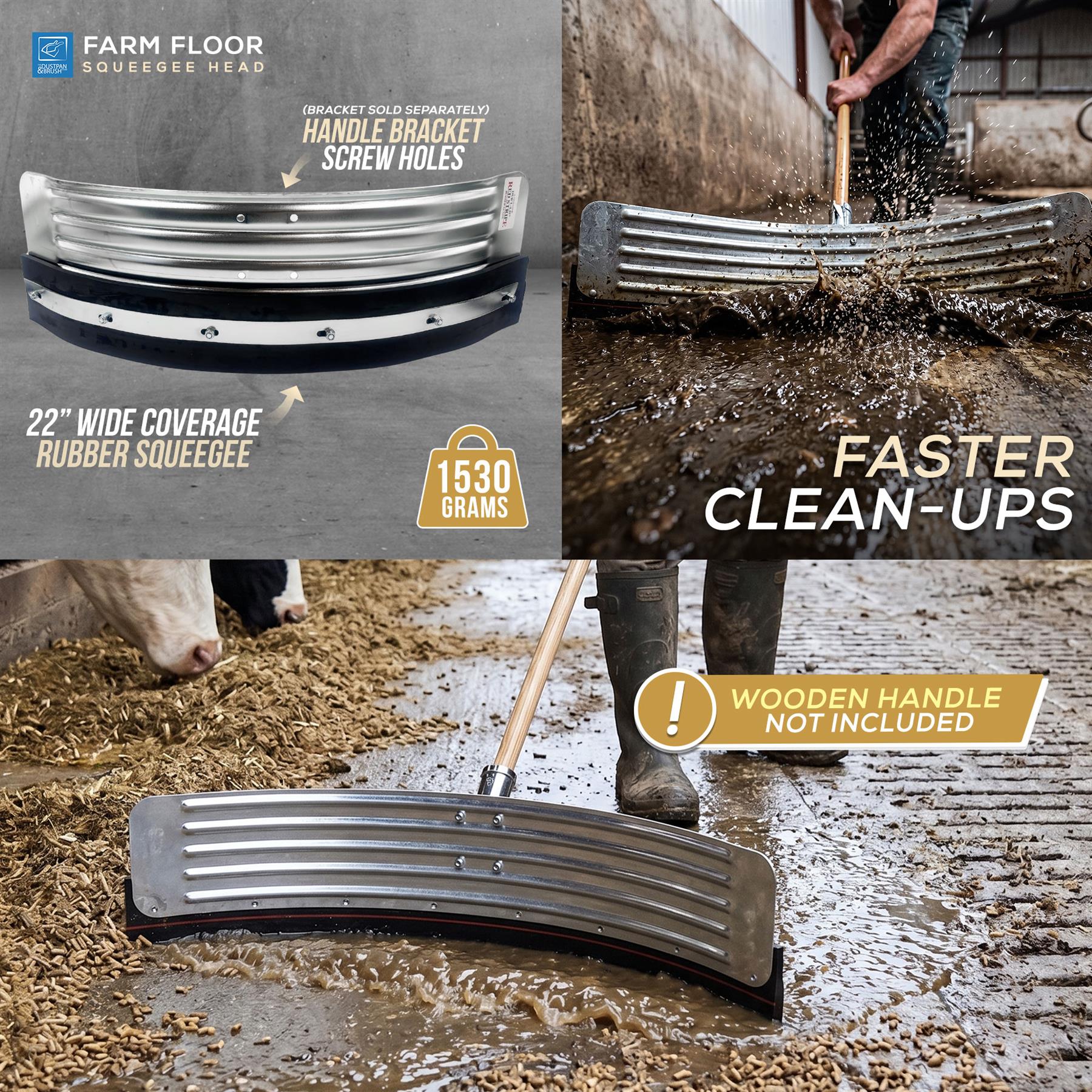 Farm cleaning tool with squeegee head and text about faster clean-ups on a farm setting.