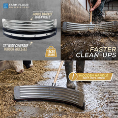 Farm cleaning tool with squeegee head and text about faster clean-ups on a farm setting.