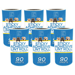 Six blue and white rolls of pet sticky adhesive lint roll refill, each labeled '90 sheets' with small dog and cat photos on the front, shown on a white background.