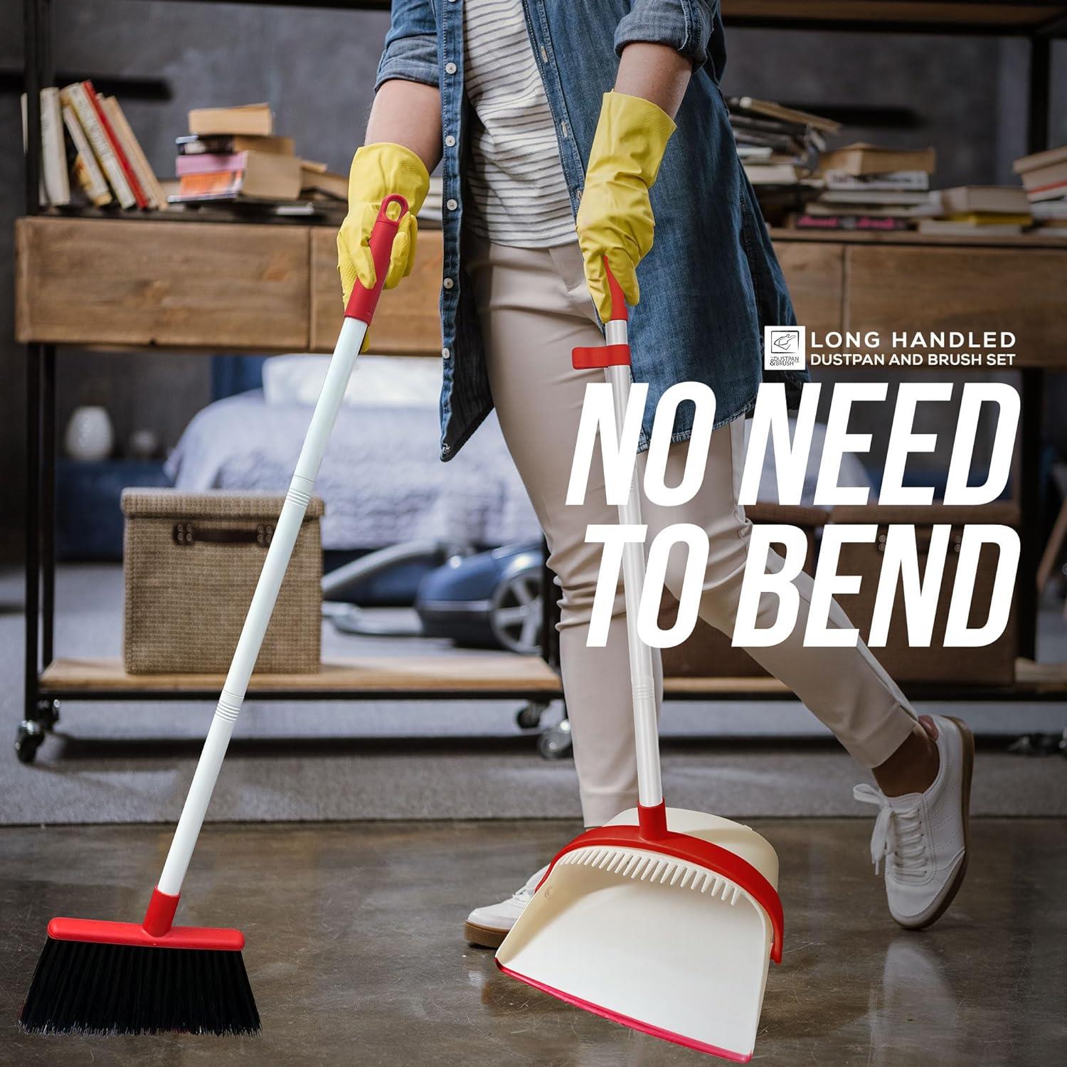 White & Red Long Handled Dustpan Set