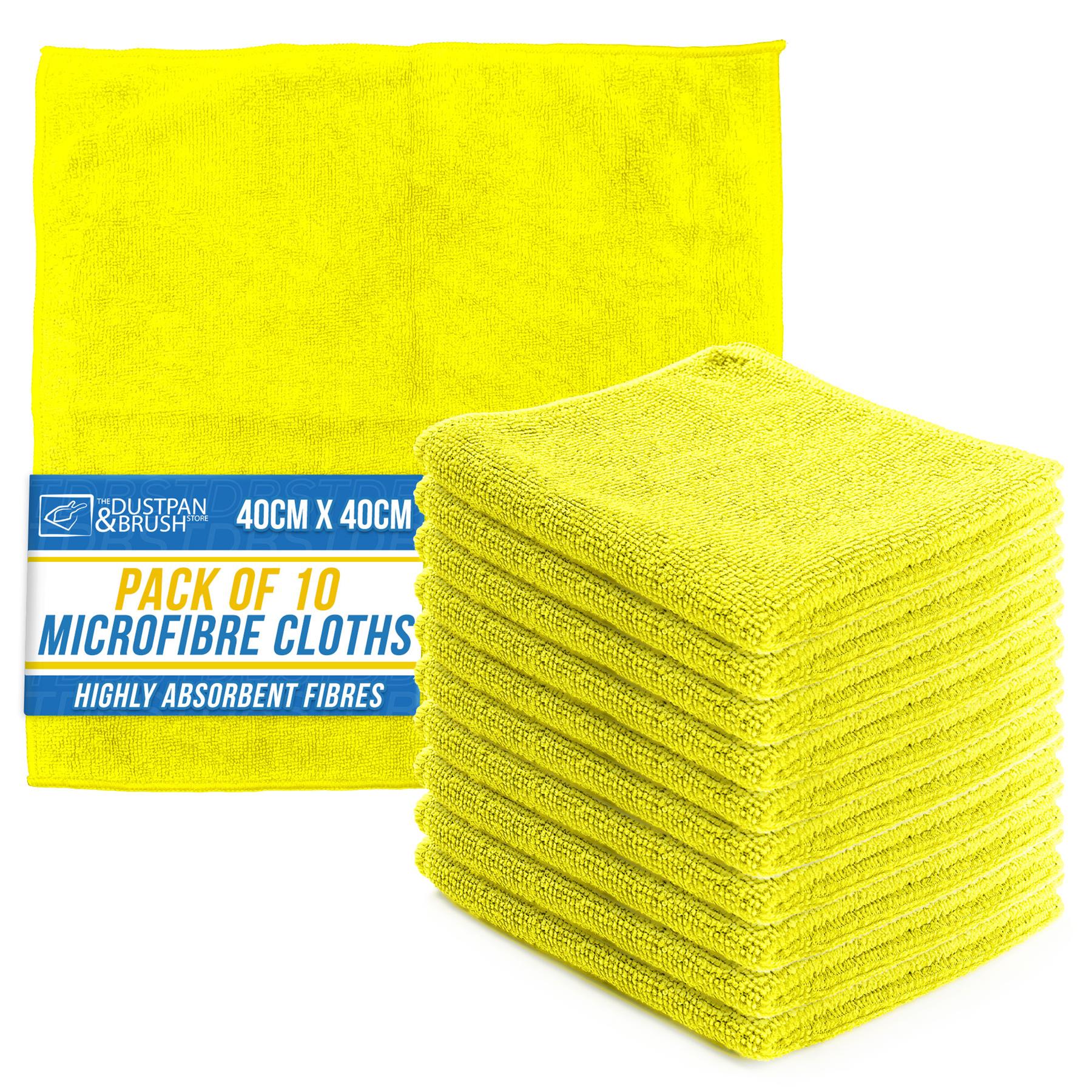 A pack of ten bright yellow microfibre cleaning cloths, with one unfolded cloth behind a stack of folded cloths. A blue and yellow label on the left
