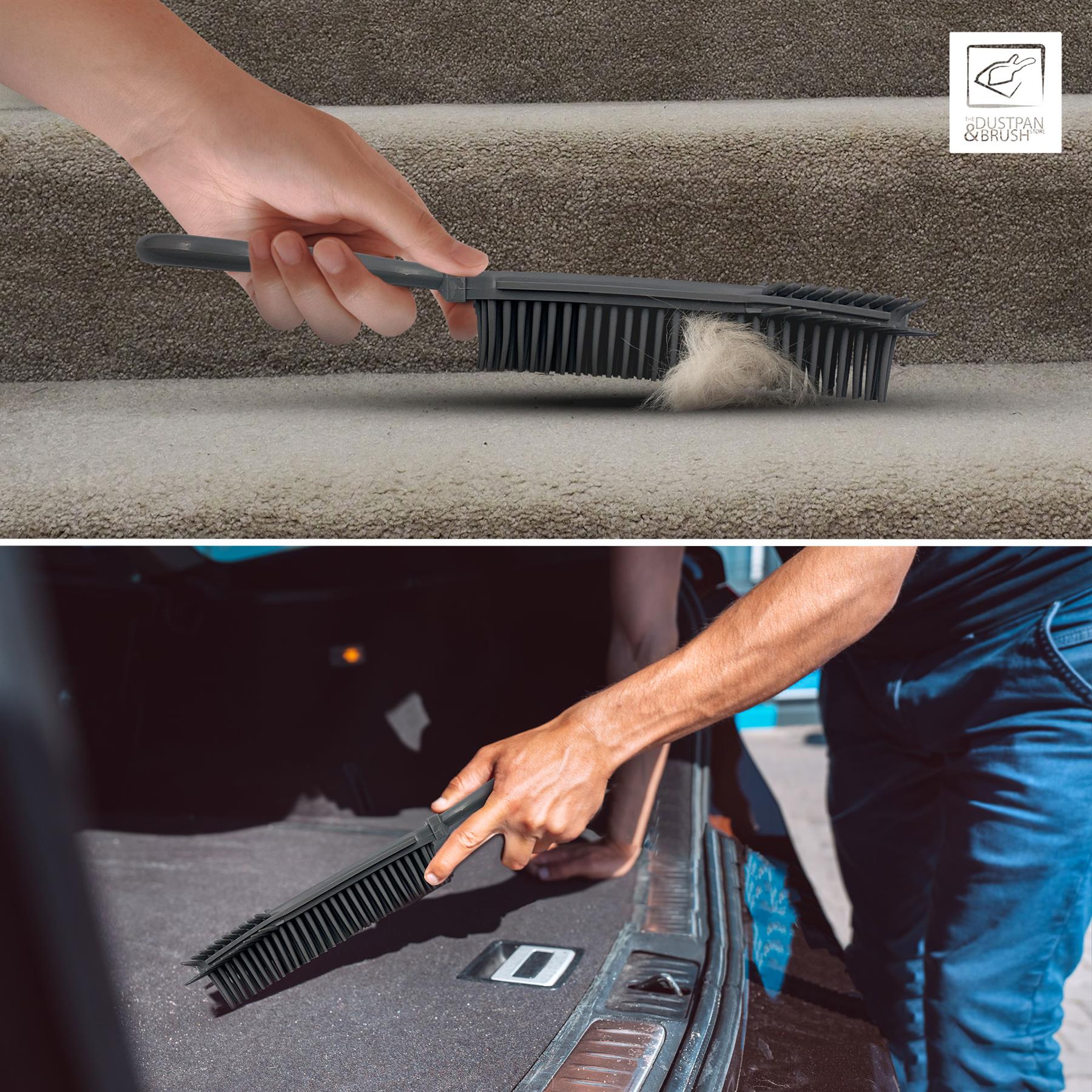 Person using a brush to clean stairs and car interior with visible hair.