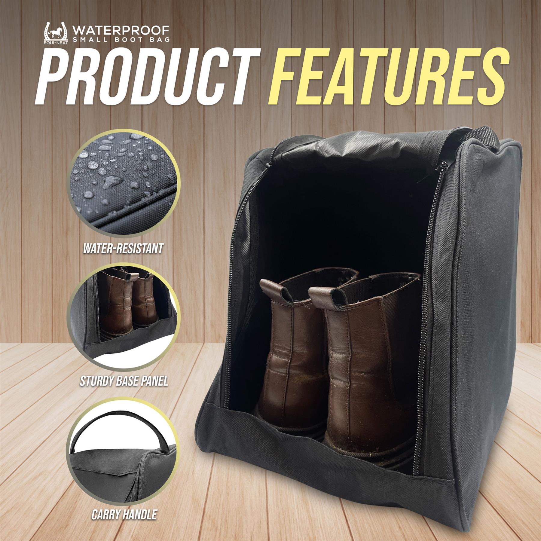 Small Boot Bag for Wellies & Walking Boots shown open with brown boots inside, on a wood floor background with feature callouts including water-resistant coating, sturdy base panel, and carry handle.