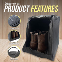 Small Boot Bag for Wellies & Walking Boots shown open with brown boots inside, on a wood floor background with feature callouts including water-resistant coating, sturdy base panel, and carry handle.