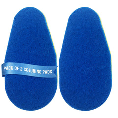 Two blue scouring pads shown side by side on a white background, with a blue paper band around the left pad that reads 'PACK OF 2 SCOURING PADS'.
