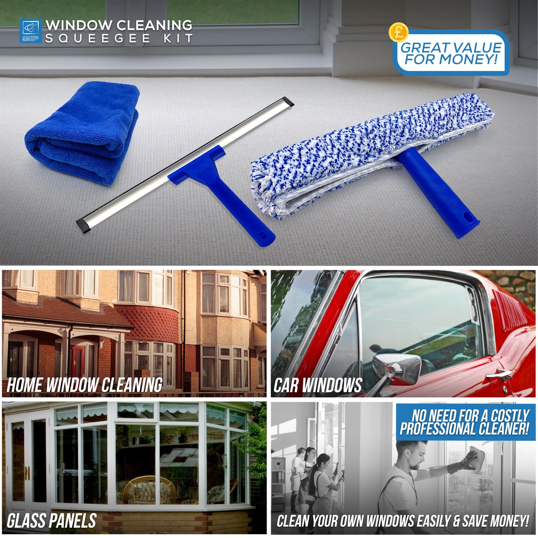 Window cleaning squeegee kit with text highlighting its value and uses.