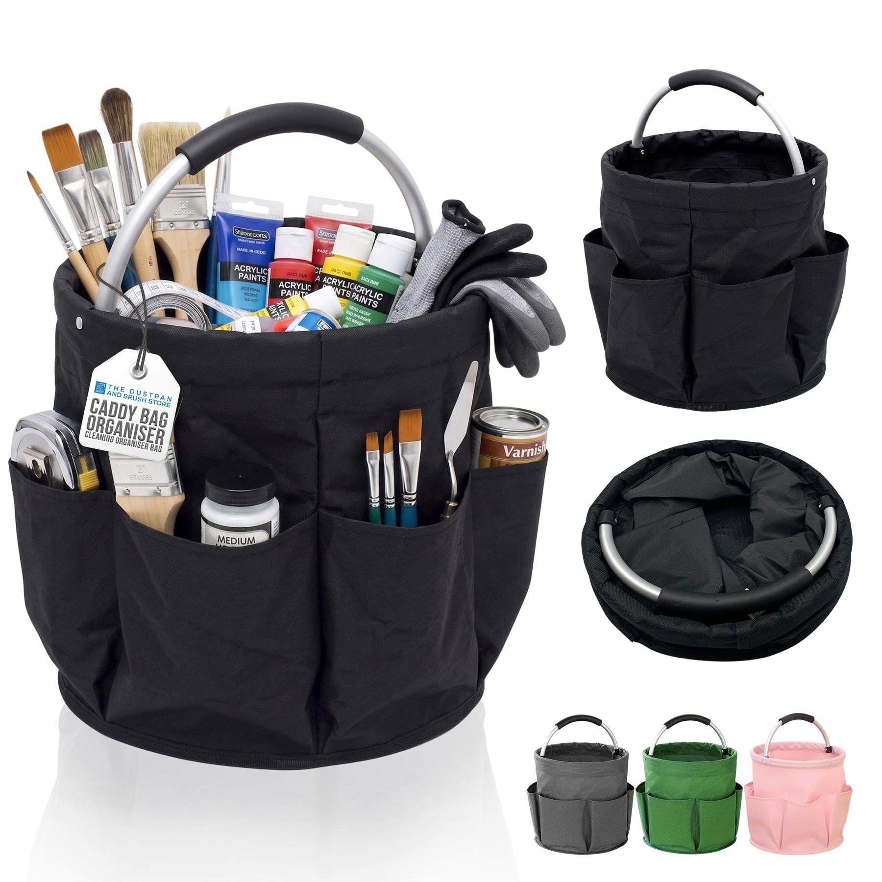 Black artist/crafty storage caddy bag with multiple front pockets, shown filled with paintbrushes, gloves, paint tubes, and other supplies. The image also includes smaller views of the empty bag in black, green, and pink on a white background.