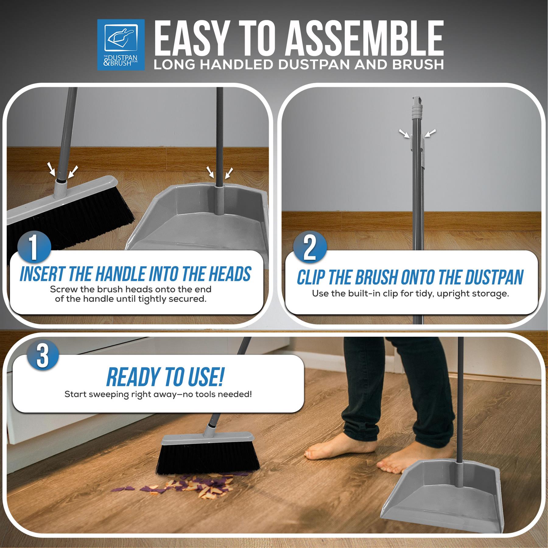 Long Handled Dustpan and Brush Set | Grey Upright Dustpan