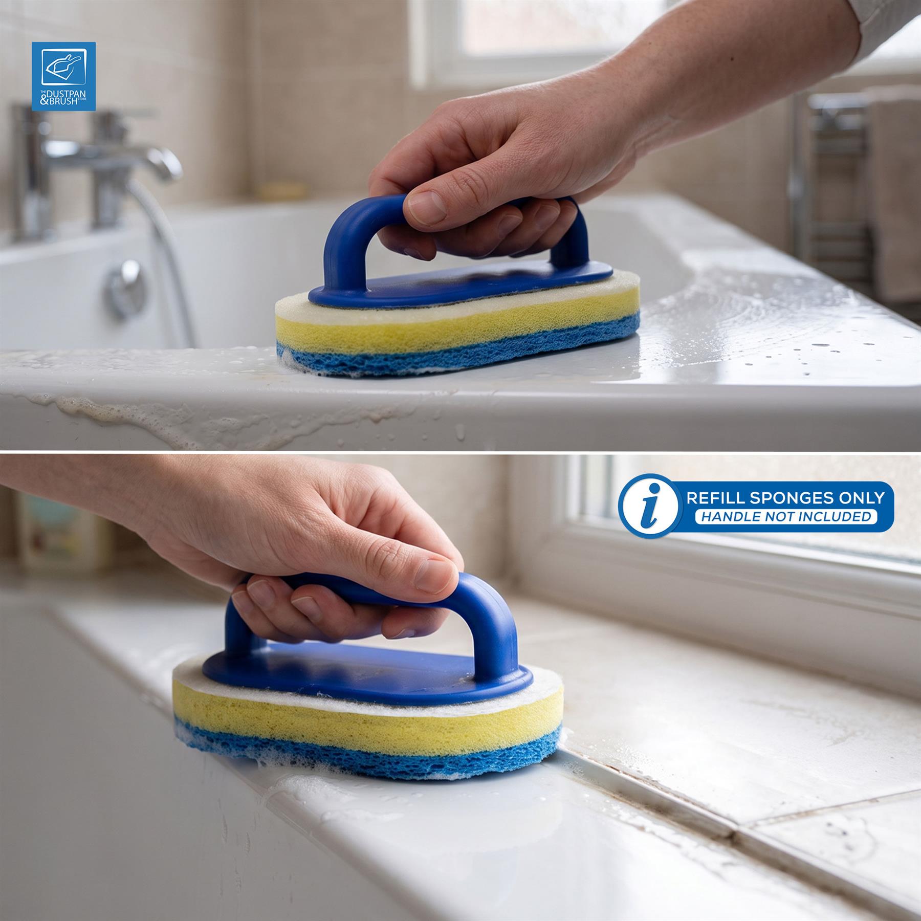 Two-panel demonstration of a hand using a blue and yellow sponge scrubber on a bathtub window ledge in a bathroom setting. A blue brand logo appears in the top left, and a badge reading 'REFILL SPONGES ONLY HAND NOT INCLUDED' appears in the top right.
