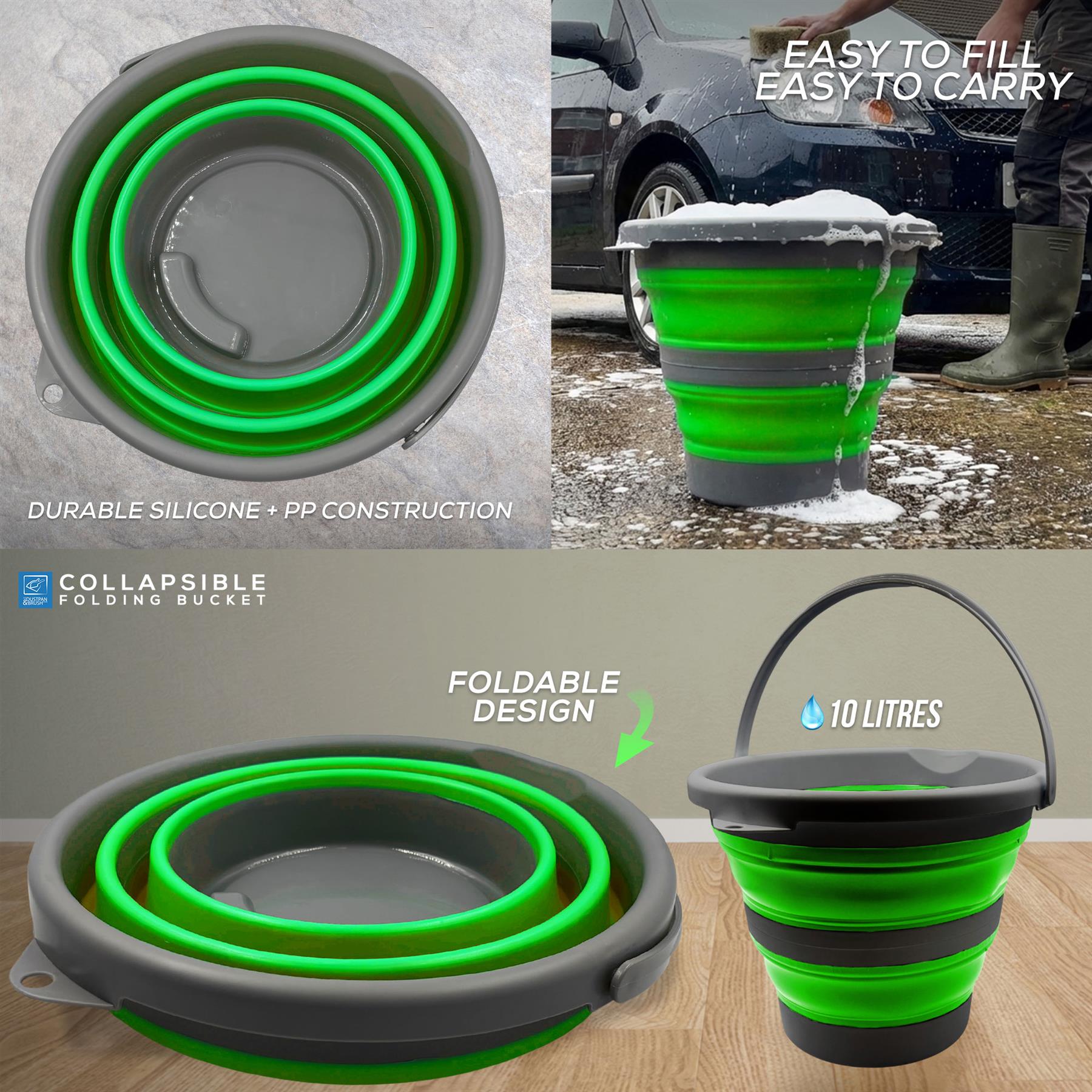 Collapsible folding bucket shown in multiple views: folded flat, being filled from a car wash, and standing empty with a carry handle. Text highlights durable silicone + PP construction, easy to fill/carry, foldable design, and 10 litres capacity.