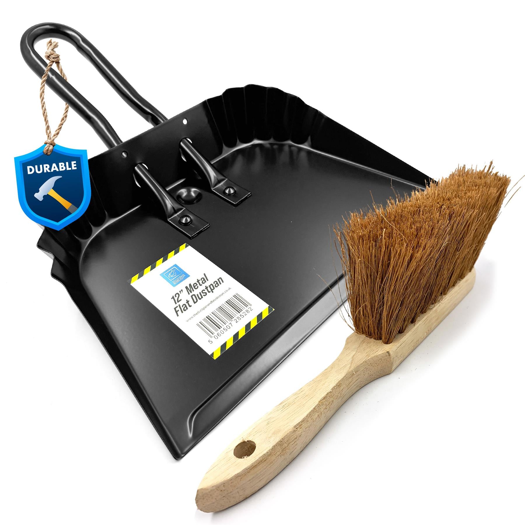 12" Metal Iron Flat Dustpan with Soft Hand Brush