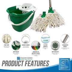 Green Mop Bucket with 2 Cotton Mop Heads and 4 Piece Handle