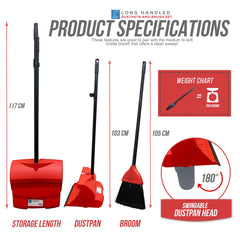 Long Handled Dustpan and Brush Set with Strong Metal Handle Red