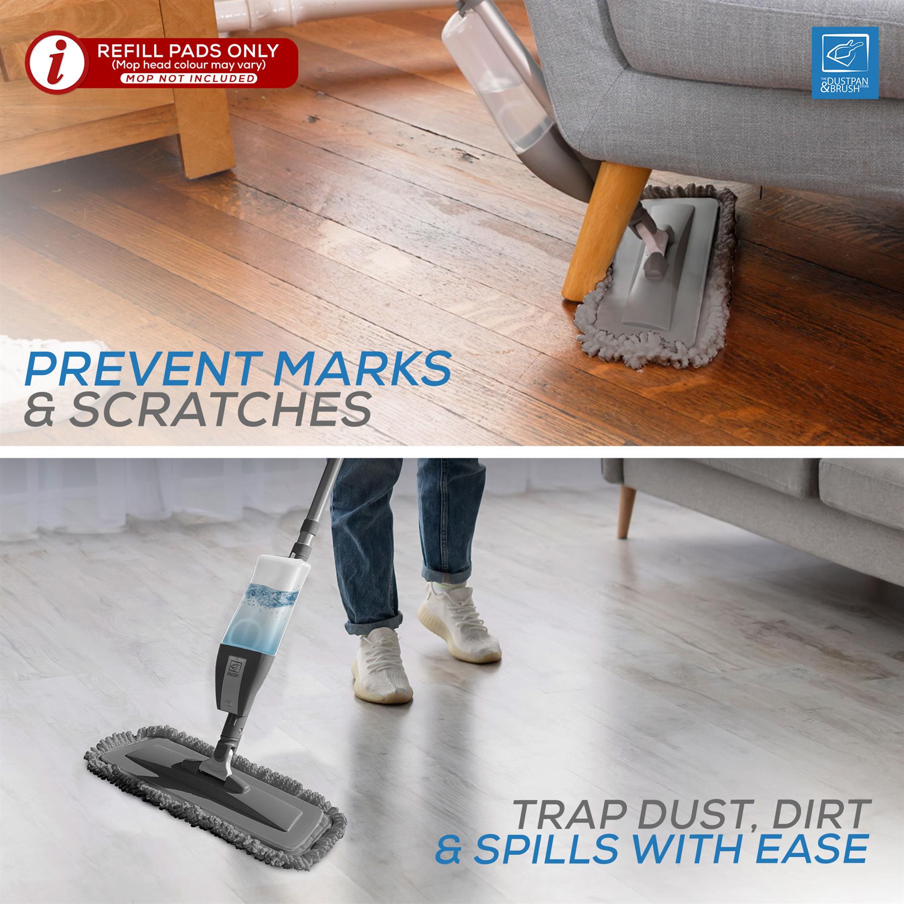 A split promotional image showing a floor cleaner being used on hardwood and a light floor, with a sofa nearby. Text reads 'PREVENT MARKS & SCRATCHES' and 'TRAP DUST, DIRT & SPILLS WITH EASE.