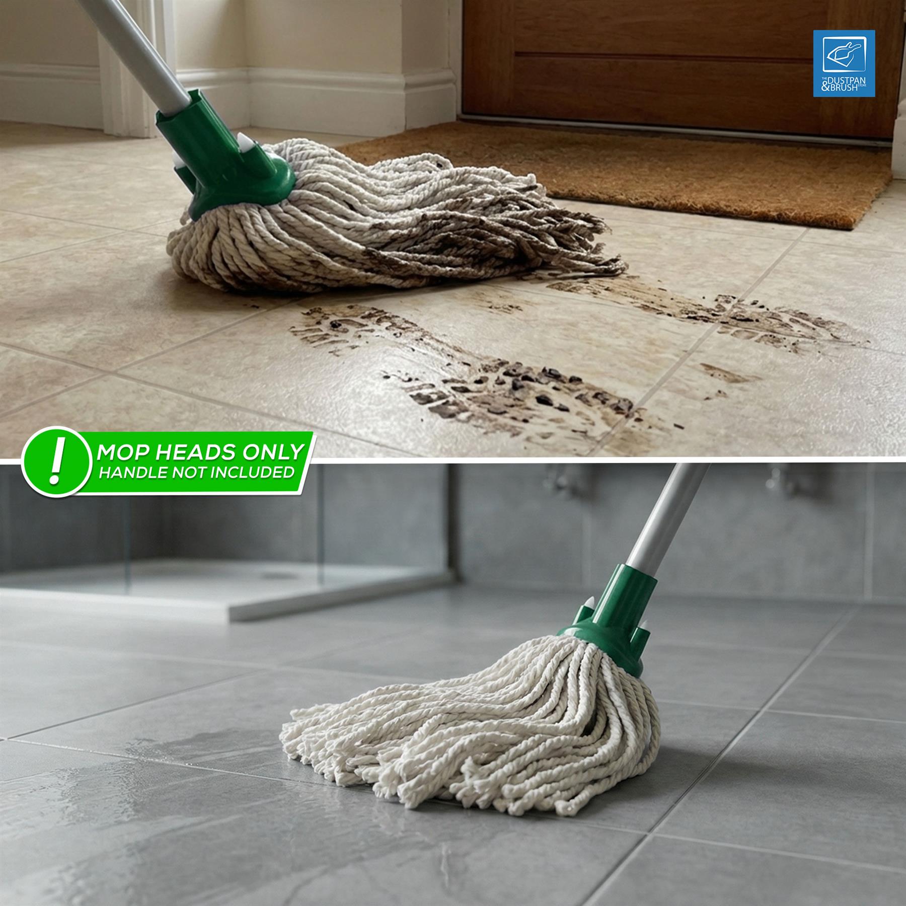 A two-panel image showing a cordless floor mop with a green handle joint and off-white microfiber heads. The top panel shows the mop on a beige tile floor with dirty stains, and the bottom panel shows it on a gray tile floor.