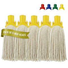 A pack of five replacement mop heads with beige cotton string and yellow plastic collars, shown on a white background with small color options for the collars at the top right and a green banner reading 'PACK OF 5 MOP HEADS'.