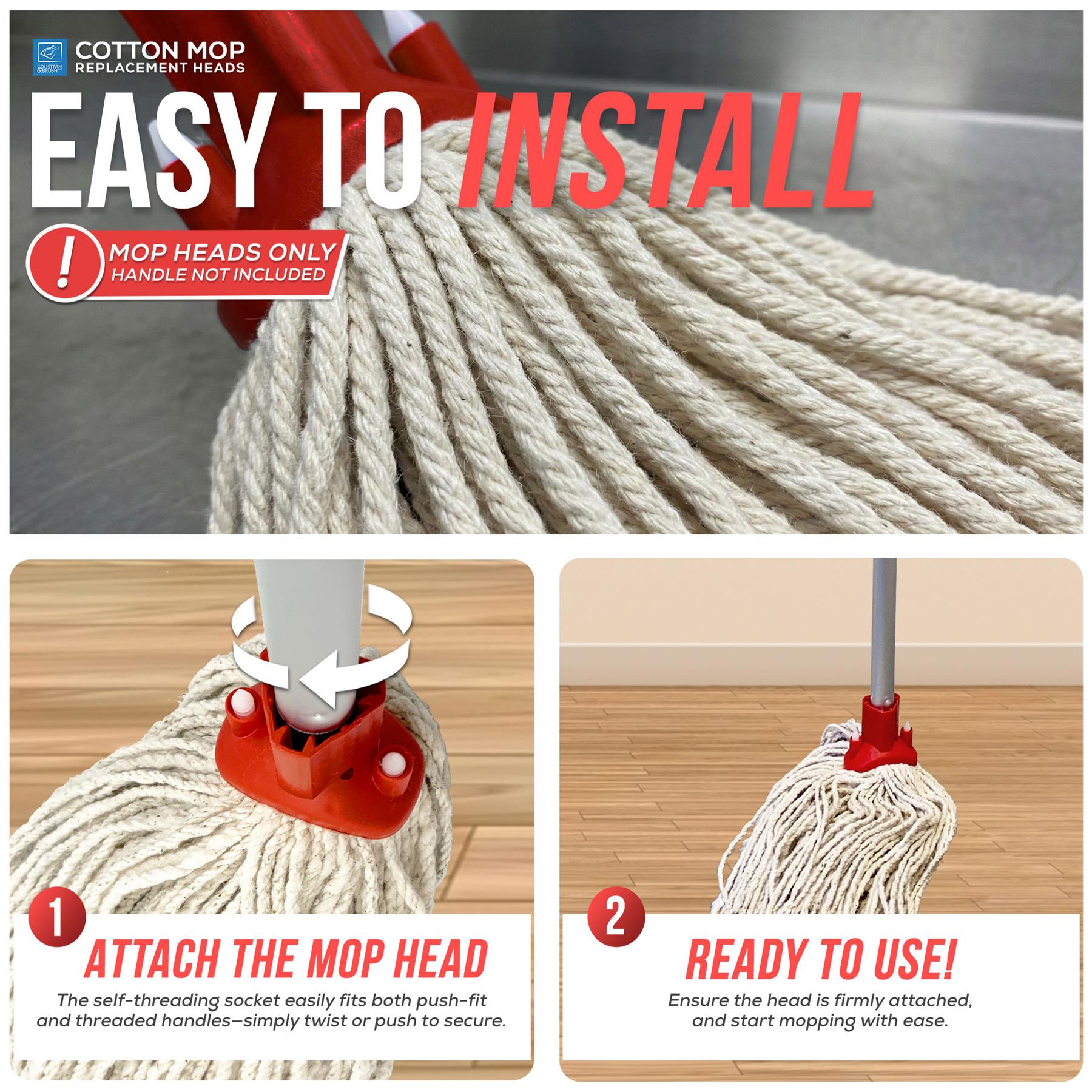 Cotton mop replacement heads installation guide graphic showing a close-up of beige rope mop heads, a red socket attachment, and two steps: 'Attach the mop head' and 'Ready to use!'.