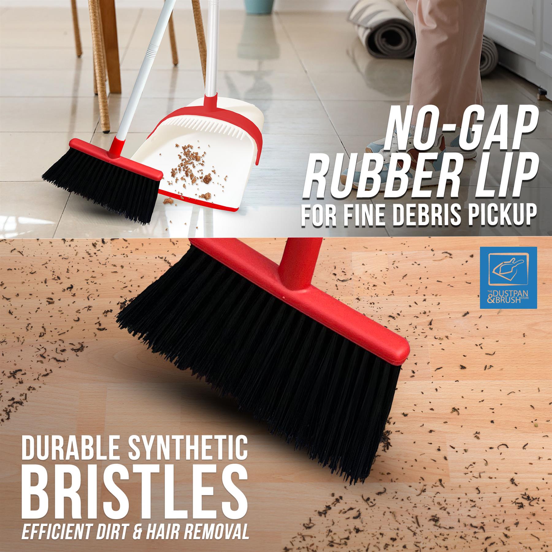 Cleaning brush with red handle and black bristles on a wooden floor.
