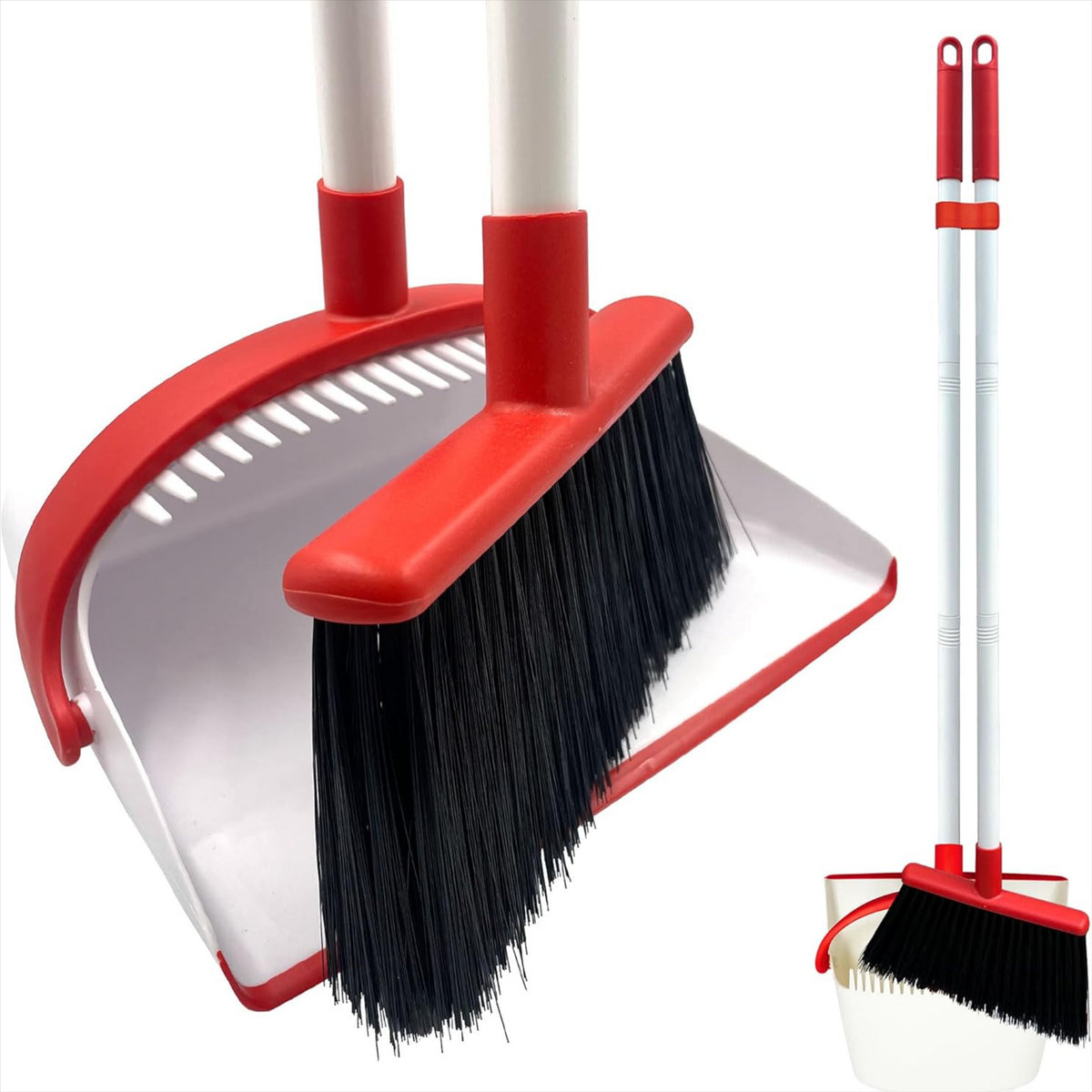 White & Red Long Handled Dustpan Set