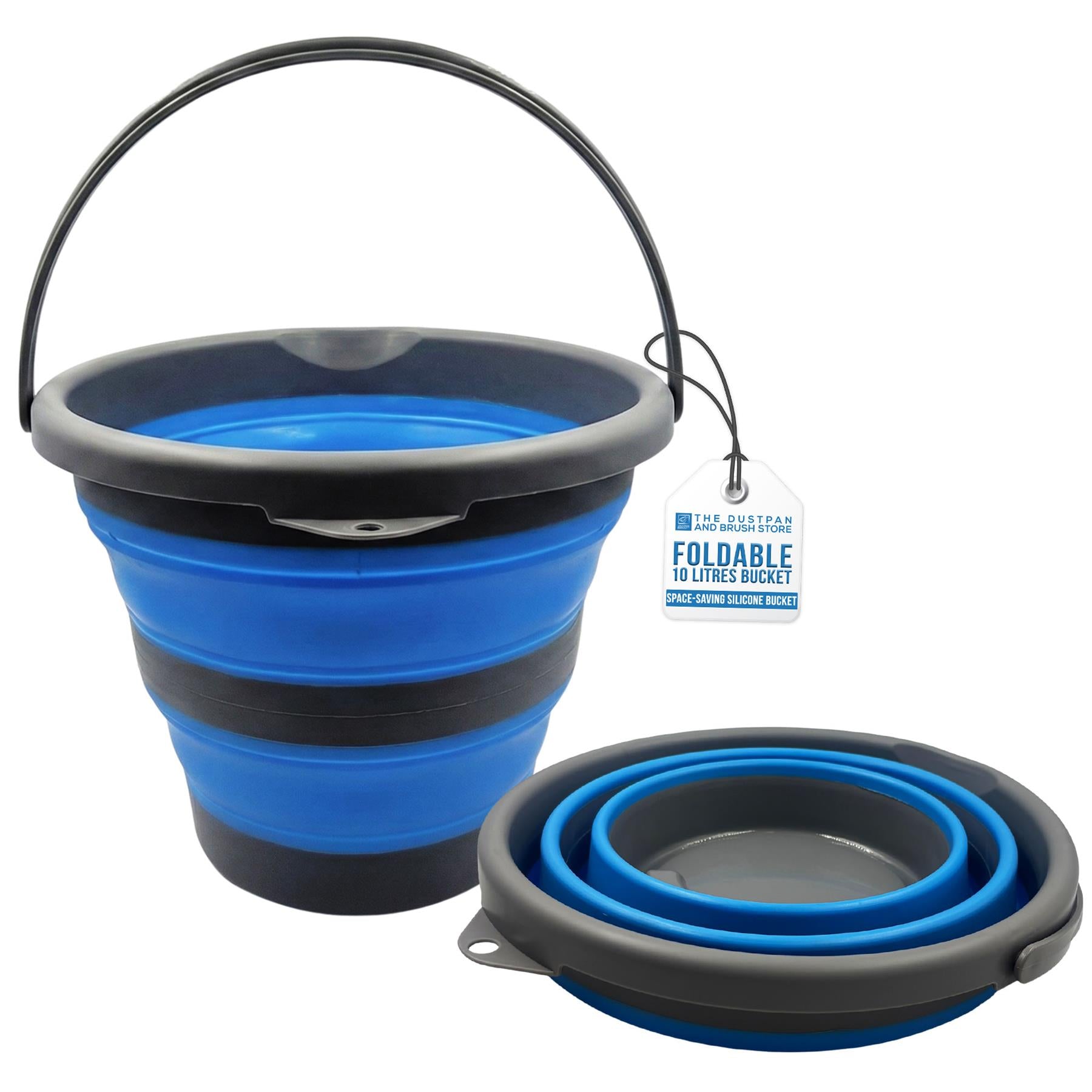 Collapsible blue and gray bucket with carrying handle on a white background