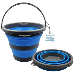 Collapsible blue and gray bucket with carrying handle on a white background