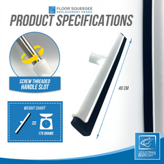 Product specifications graphic for a Floor Squeegee replacement head, showing the squeegee with a 46 cm length, a screw threaded handle slot inset, a weight chart indicating 175 grams, and a rustban overlay badge.