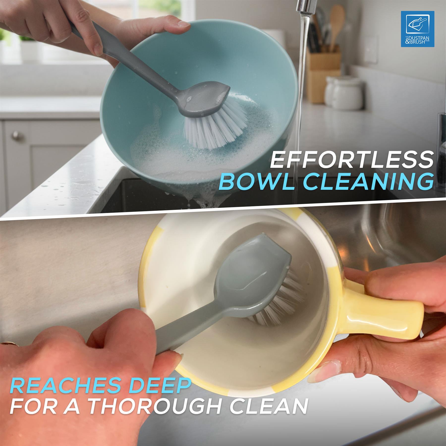 Person using a scrubber to clean a bowl and a mug with text about effortless bowl cleaning.