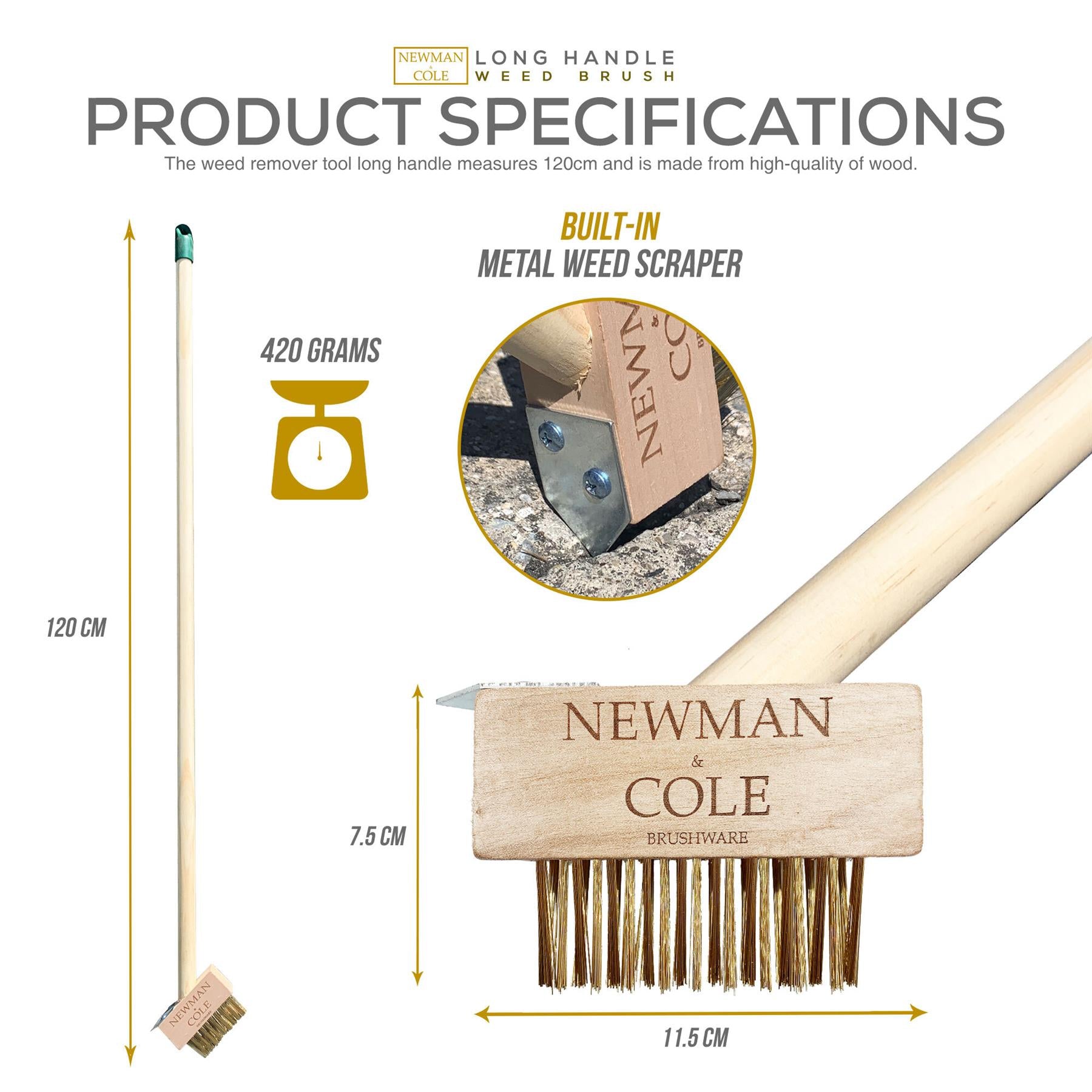 Newman and Cole Weed Brush Head with Scraper fitted with Wooden Handle