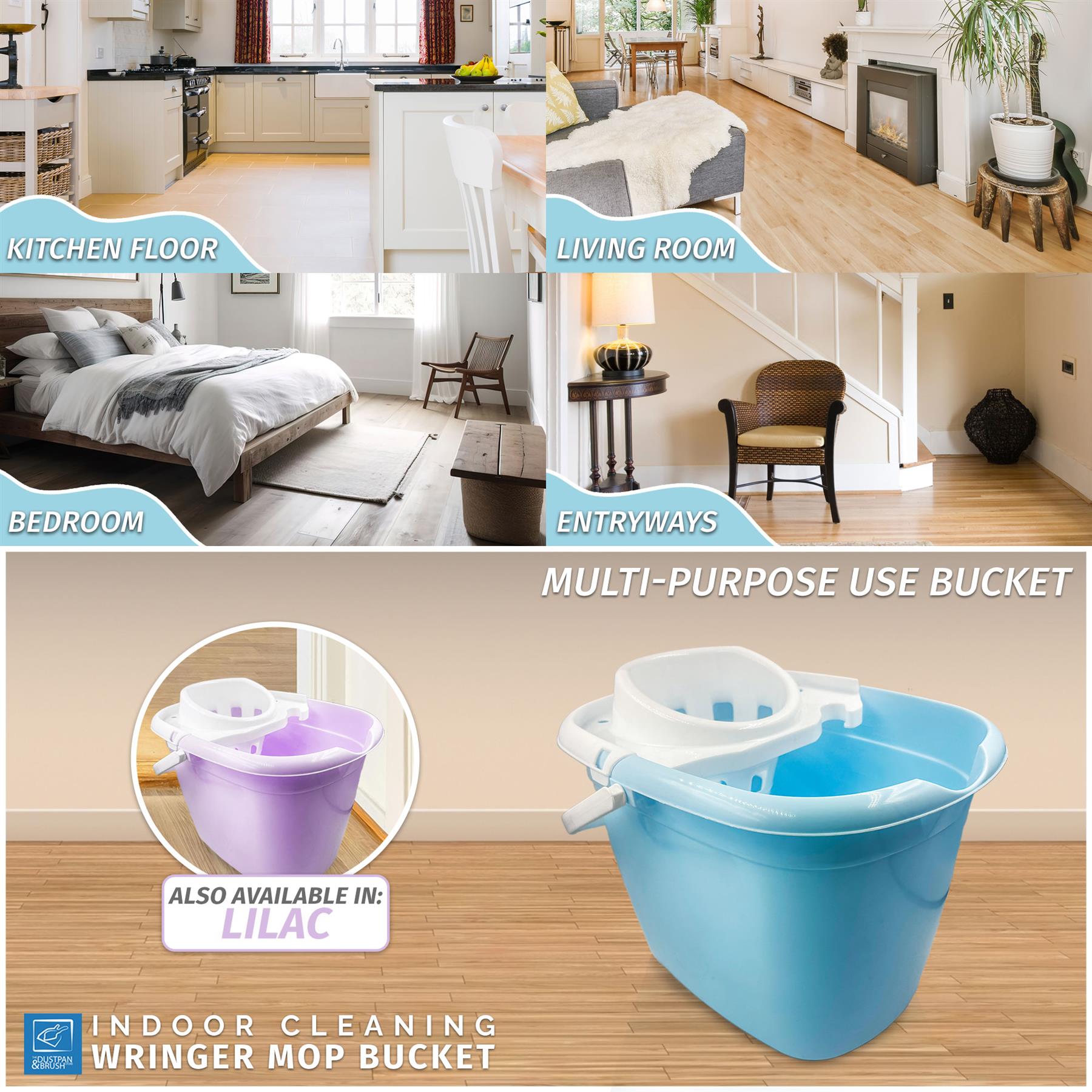 A multi-panel promotional graphic for an indoor cleaning wringer mop bucket. The collage shows real home environments including a kitchen floor, living room, bedroom, and entryways, plus a large product photo of a blue bucket with a white wringer attachment.