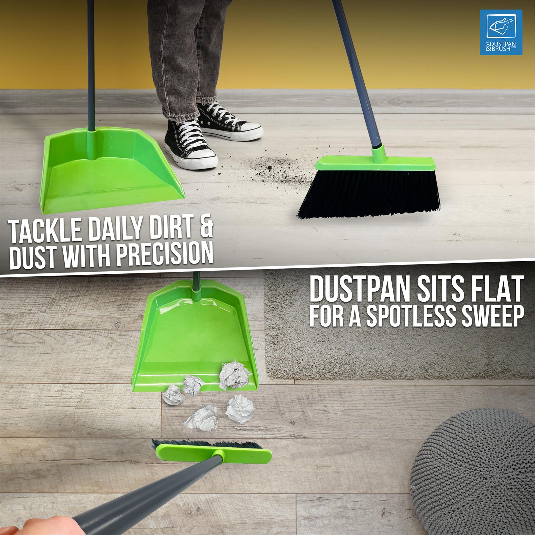 A two-panel promotional image showing a bright green dustpan and matching broom being used to clean a wood floor. A person's legs and shoes are visible in the top panel, and a hand is visible in the bottom panel, making this a Lifestyle image.