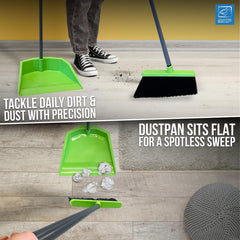 A two-panel promotional image showing a bright green dustpan and matching broom being used to clean a wood floor. A person's legs and shoes are visible in the top panel, and a hand is visible in the bottom panel, making this a Lifestyle image.
