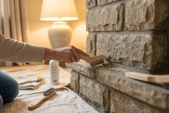 Environmental shot of Lamb chop brush  cleaning stone fireplace 