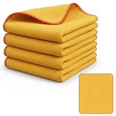 A stack of four folded yellow microfibre cloths with red stitched edges, shown on a white background with a small inset close-up of the fabric texture and colour.