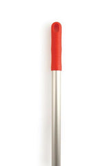 A close-up of a long metal pole with a bright red textured grip handle on a plain white background.