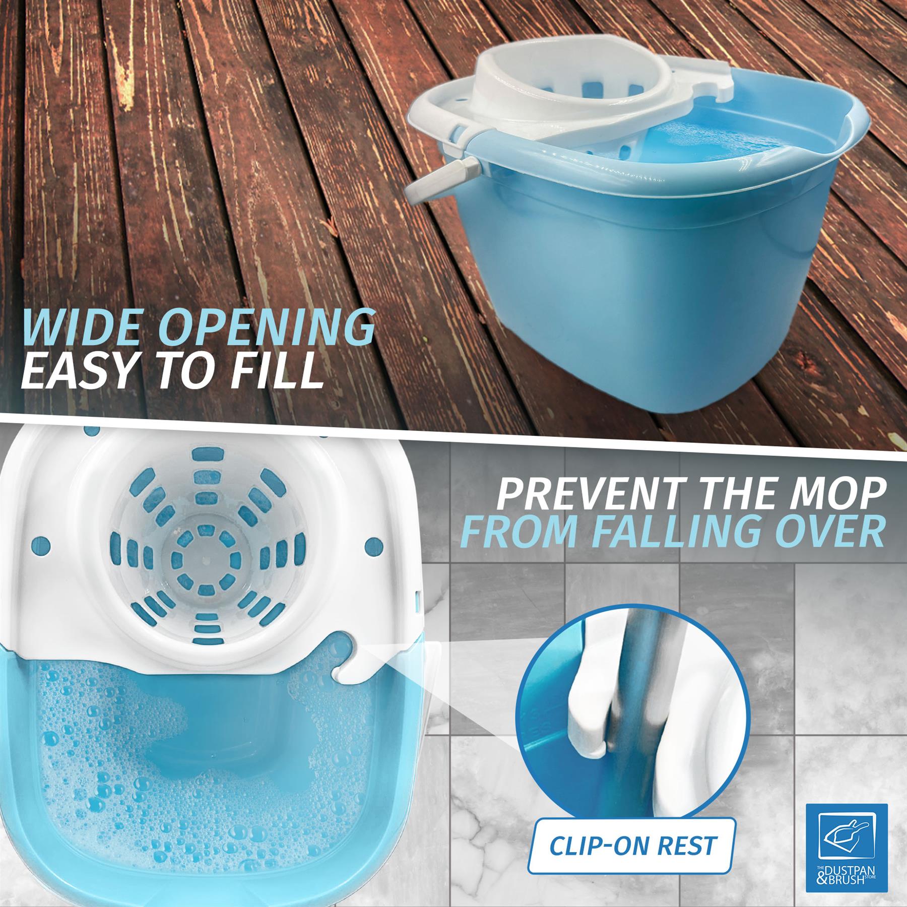 A light blue and white plastic floor mop bucket with a clip-on rest, shown on a wooden deck and tiled floor with marketing text about wide opening, easy to fill, and preventing the mop from falling over.