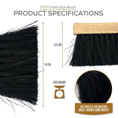 Product specifications graphic for a fireplace brush replacement head, showing the black soft bristles, wooden handle, dimensions of 8.5 cm and 10 cm, 300 grams weight, and a close-up of the bristles on a white background.