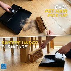 Cleaning setup with Metal Hooded Dustpan and Brush Set with Soft Coco Brush on a wooden floor, highlighting pet hair pick-up and sweeping under furniture.