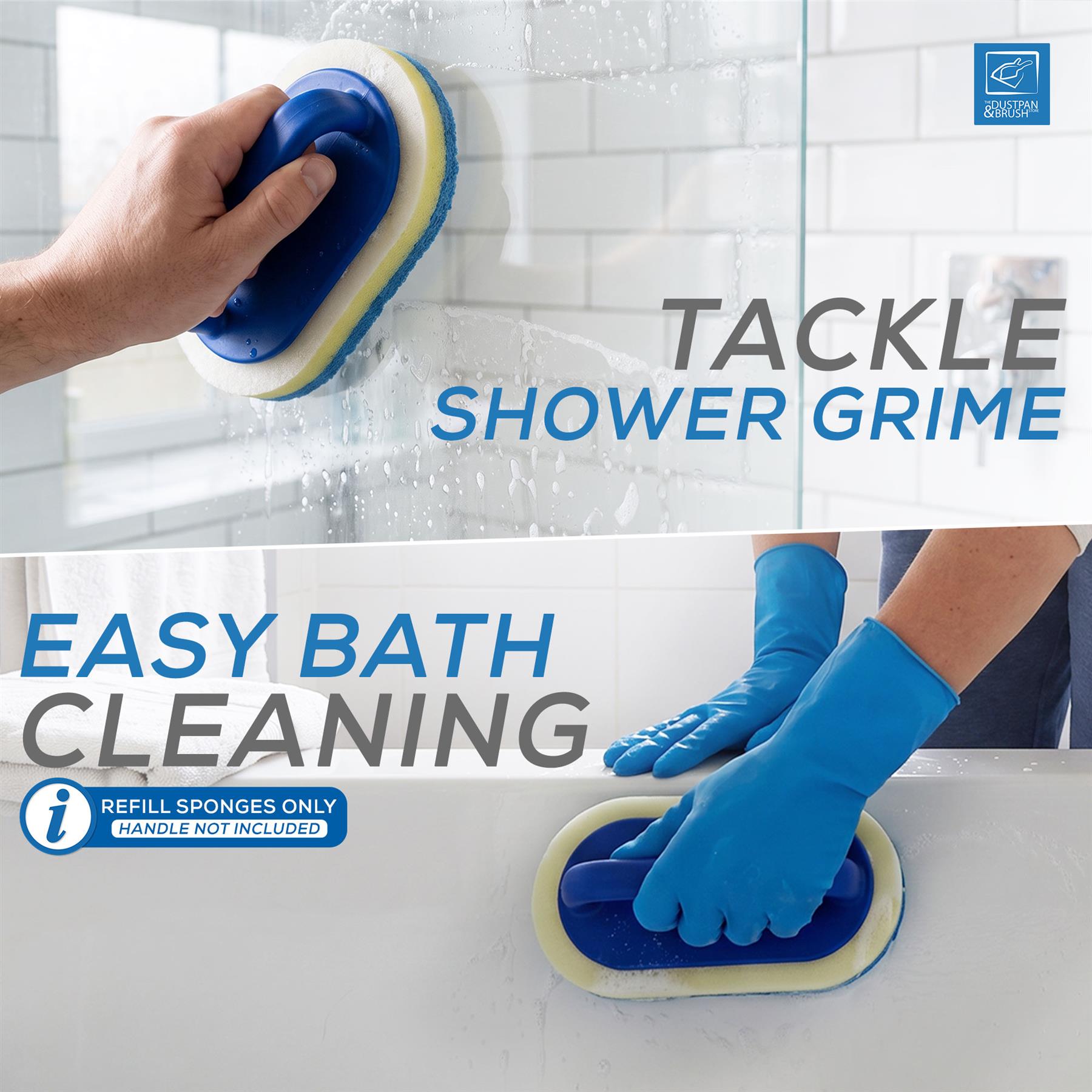 A promotional collage for a blue and yellow sponge scrubber shown being used to clean a shower glass and a bathtub. Text overlays read 'TACKLE SHOWER GRIME' and 'EASY BATH CLEANING,' with a small 'BATH SOURCE' logo in the top right.