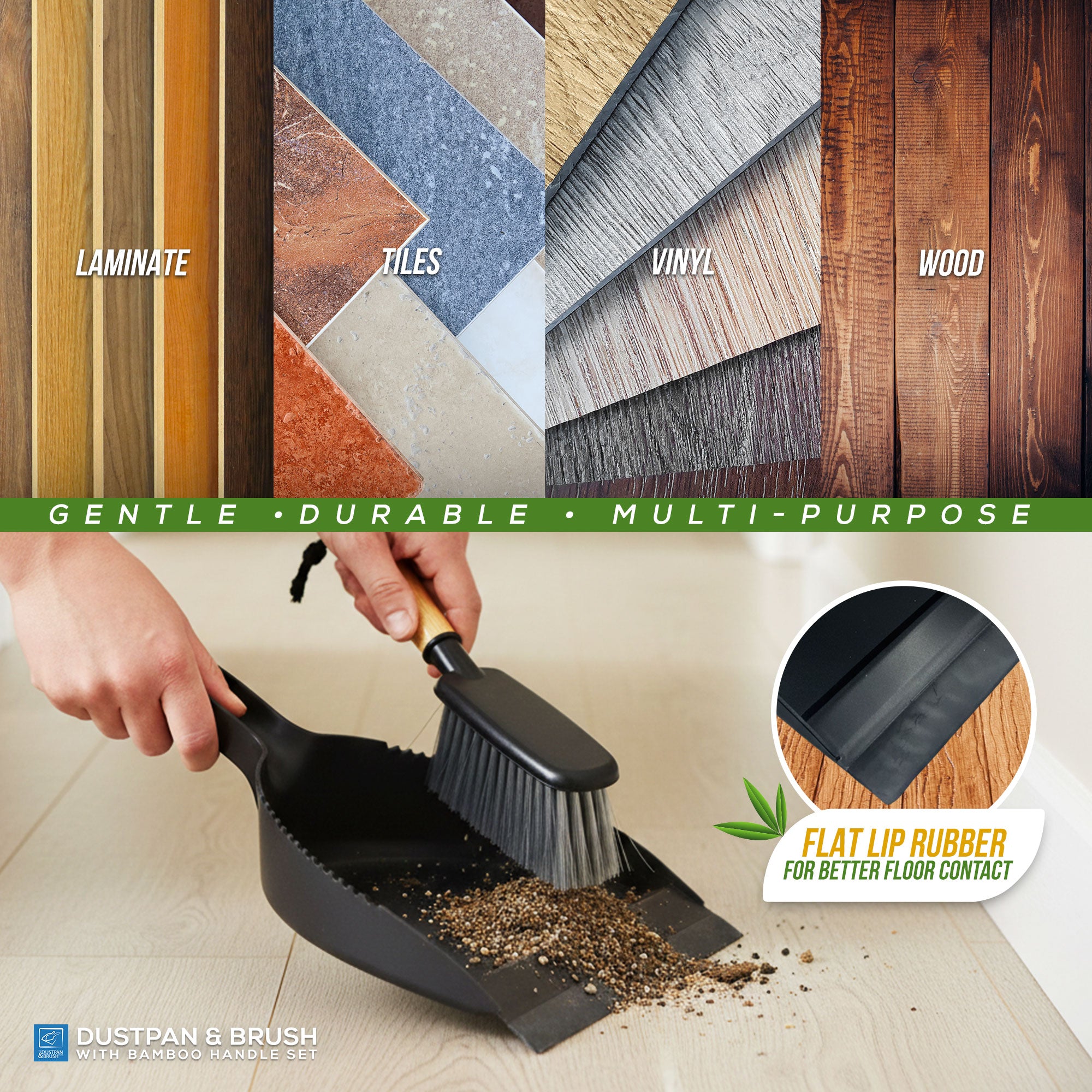 Dustpan and brush set with flooring types shown above and text about product features.