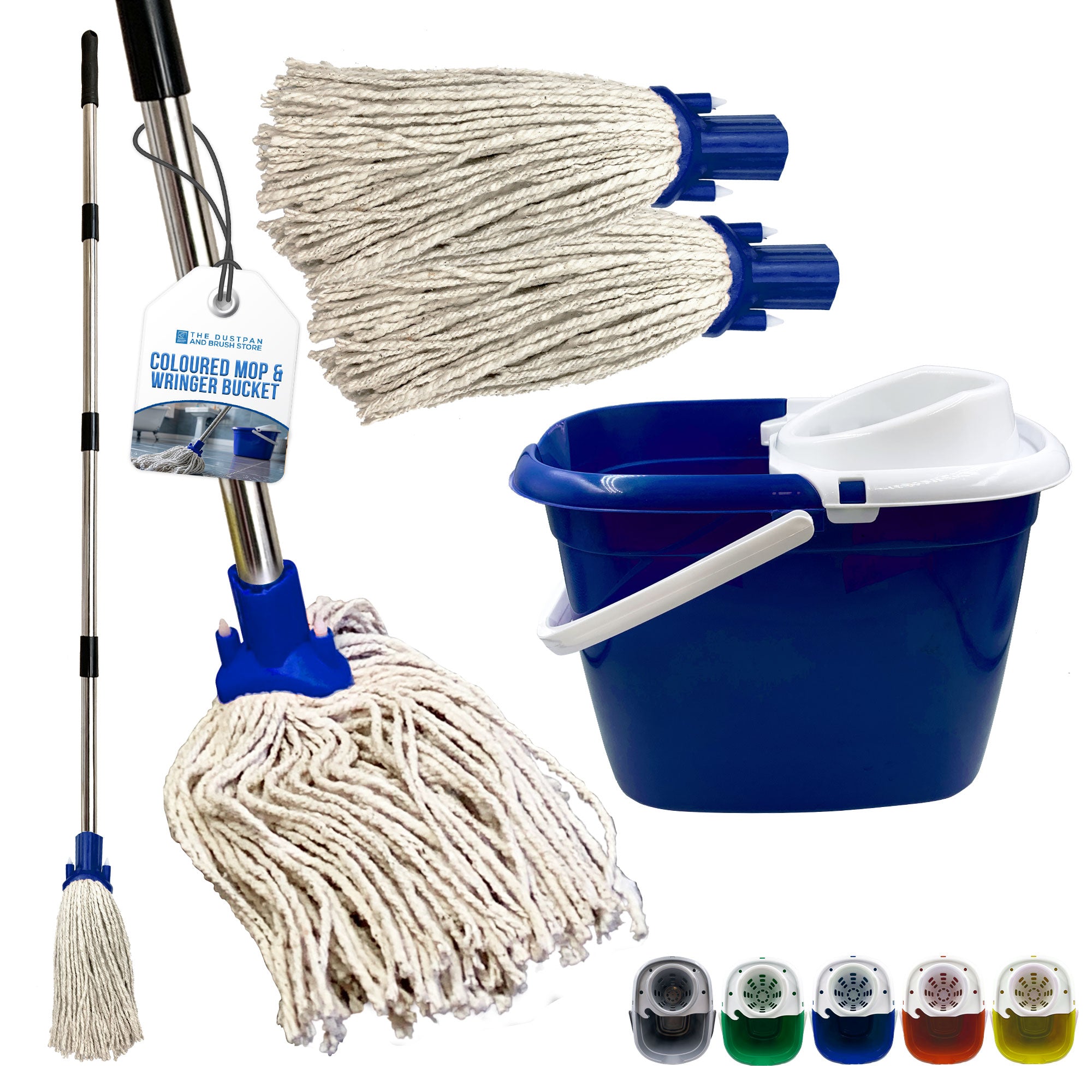 A blue mop and wringer bucket set shown on a white background, including a long handle with a cotton mop head, two mop heads, a blue bucket with white wringer, and small colour-option thumbnails along the bottom.