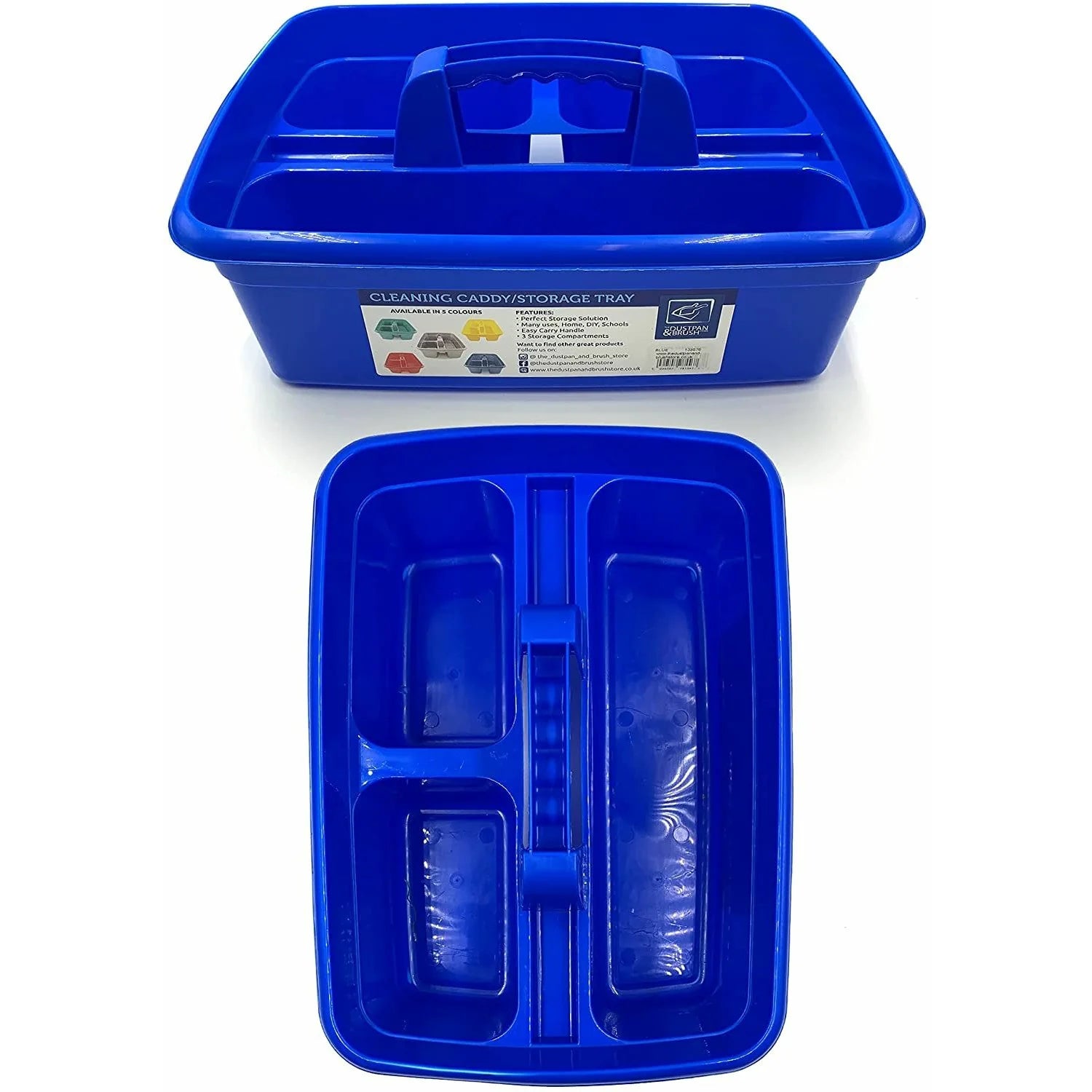 Blue cleaning caddy with compartments on a white background